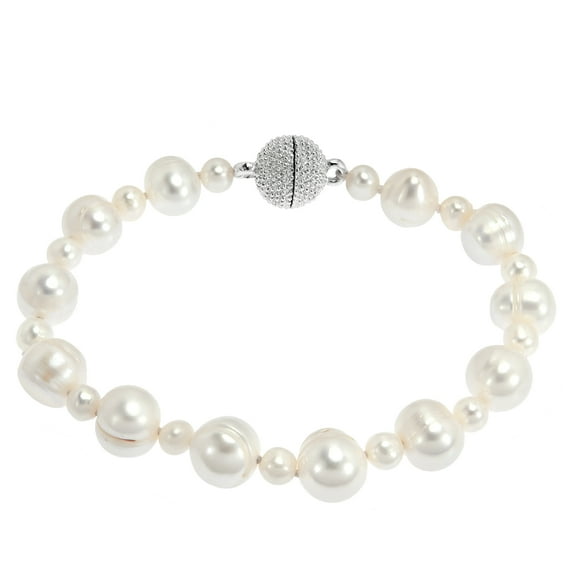 Timeless Elegance of White Pearls and Sterling Silver Magnetic Clasp Bracelet