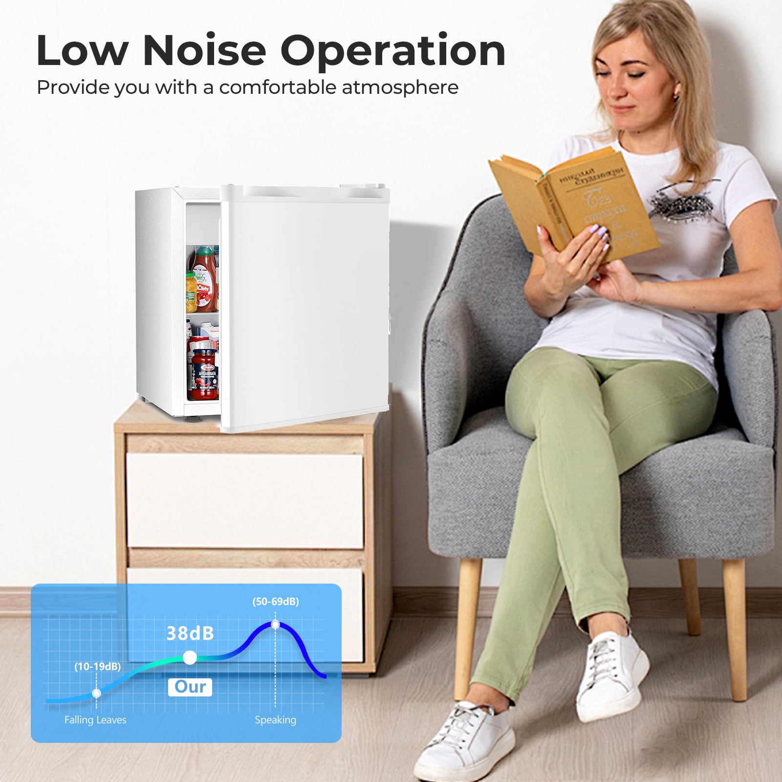 WAA 1.6 cu.ft Small Upright Mini Fridge with Freezer - Removable Shelves,7-Level Adjustable Thermostat,Low Noise,Suitable for Bedroom/Apartment/Office(White)