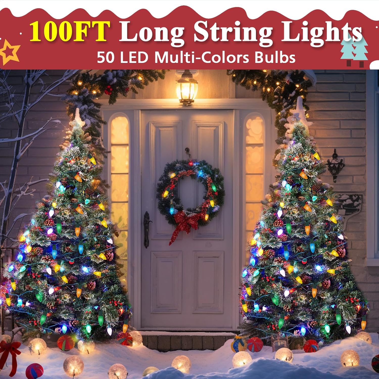 Nordic Hygge 100FT 50 LED Indoor Outdoor Christmas String Light for House Roof Patio Tree, Multicolor