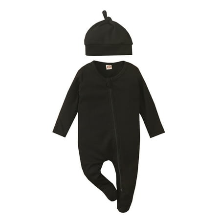 

AMILIEe Babies Two-piece Clothes Set Solid Color Round Collar Long Sleeve Footie and Cap 0-24 Months