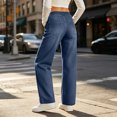 thumbnail image 4 of Vynhevius Women's Denim Jeans Solid Straight Leg Multi Pockets Elastic Waist Long Trousers, 4 of 7