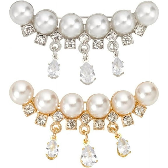 2 Pcs Pearl Brooch Clips 2 Colors Sweater Shawl Clips Alloy Crystal Rhinestone Brooches Cardigan Clip Collar Pins Dress Sweater Collar Brooches for Women Gifts