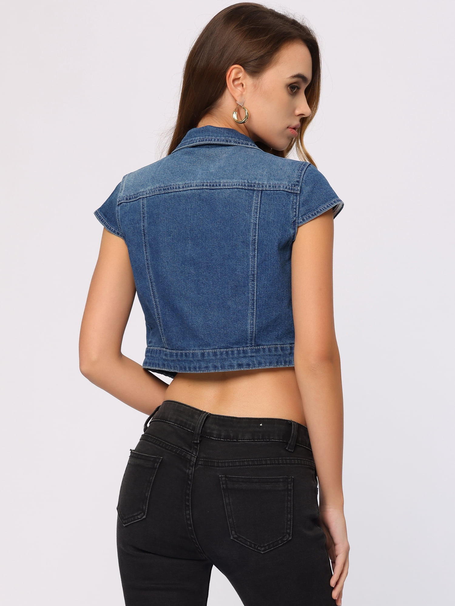 DARING DIVA Women's Cap Short Sleeve Cropped Denim Jacket M Blue