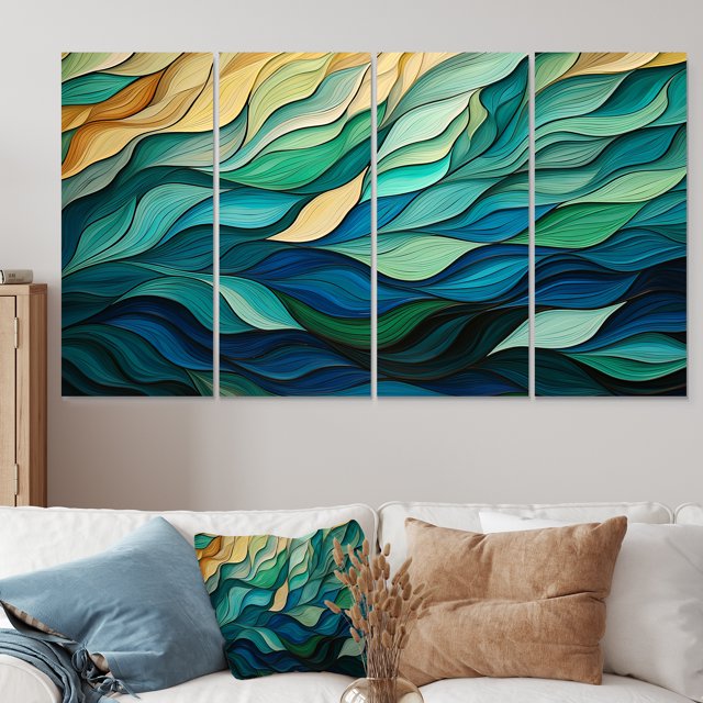 Designart "Gleaming Ink in Green and Yellow I" Abstract Collages Multipanel Wall Art Set - Modern Green Abstract Gallery Wall Set For Home Decor