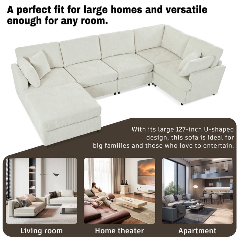 127" U-Shaped Modular Sectional Sofa with Movable Ottoman, 6-Piece Chenille Fabric Couch, Convertible Corner Sofa with Pine Wood Frame, Modern Deep Seat Sofa Set for Living Room & Apartment