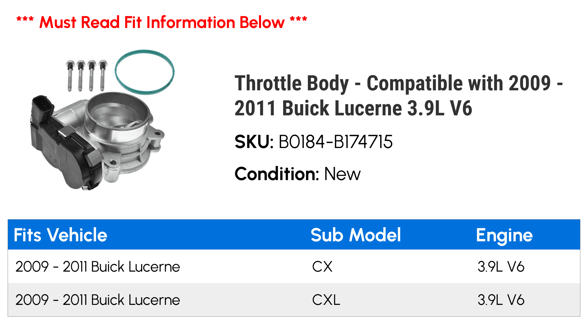 Throttle Body - Compatible with 2009 - 2011 Buick Lucerne 3.9L V6 - Autopart Premium