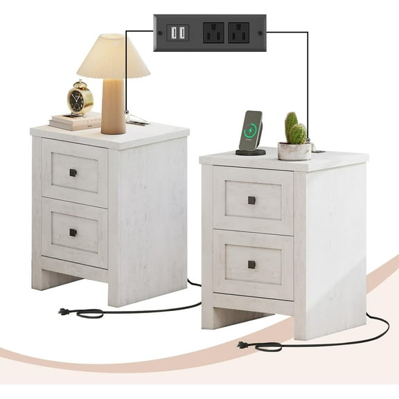 Nightstand Set of 2 with Charging Station, Farmhouse End Table with 2 Drawers Storage Cabinet, Rustic Wood Sofa Side Table for Bedroom, Living Room, Office, Rustic White