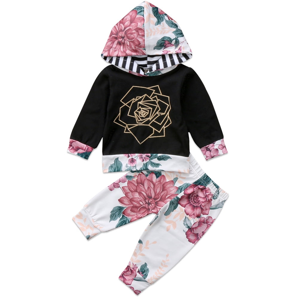 2pcs Infant Toddler Baby Girl Long Sleeve Sweatshirt Kangaroo Pocket Floral Hoodie Tops Pants Fall Winter Clothes Set 