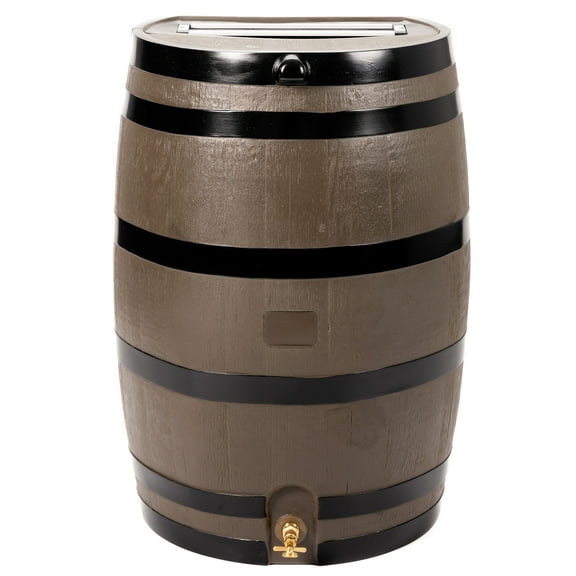 RTS Home Accents Polyethylene 50 Gallon Flat Back Brass Spigot Rain Barrel, Woodgrain with Black Stripes Color