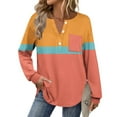 thumbnail image 6 of Womens Long Sleeve Henley Shirts Curved Hem Casual Color Block Tunic Tops with Pocket Fall Winter Trendy Clothes, XL Orange, 6 of 7