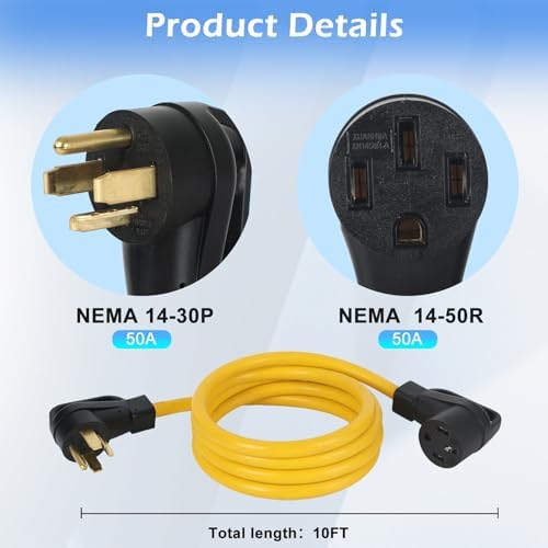 10FT NEMA 14-30P to 14-50R EV Charger Adapter Cord, 30 Amp 4 Prong Dryer Male Plug to 50 Amp Female EV Conversion Adapter, for Level 2 or Telsa EV Charging