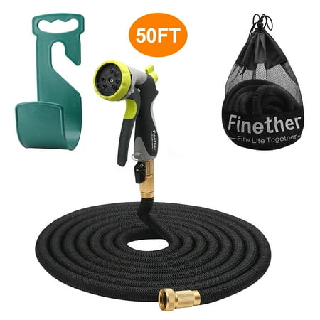 Finether Expandable Garden Hose, Retractible Watering Hose, Hose Pipe with Double Latex Core, High Density Woven Fabric, 3/4 In Brass Fittings, 8 Way Spray Nozzle, Hanger, Storage Bag, Black