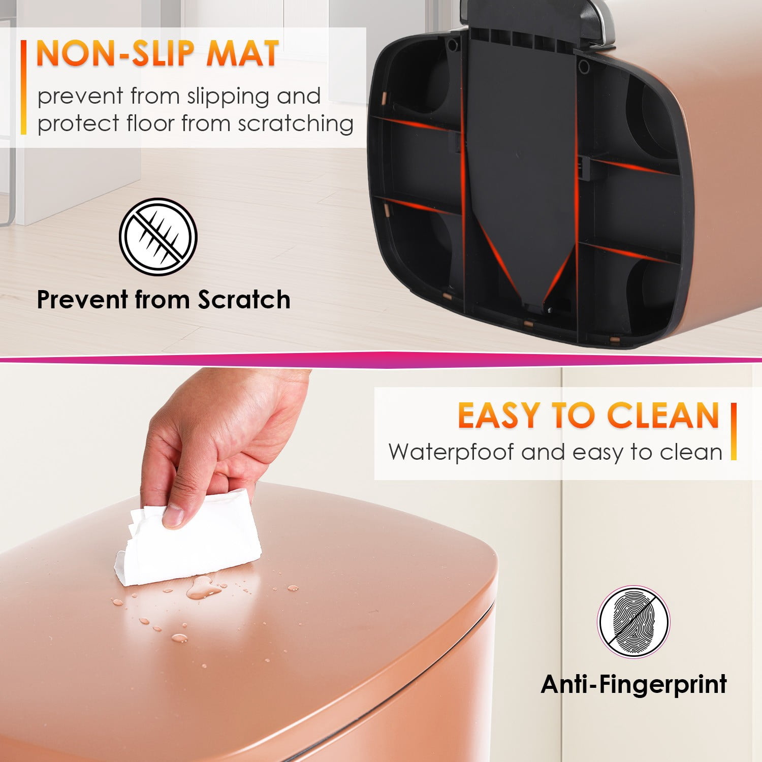 FASCK 13 Gallon/50 L Garbage Can Kitchen Trash Can with Lid for Office Bedroom Bathroom Step Trash Bin Fingerprint-Proof Brushed Stainless Steel 13 Gallon / 50 Liter,Pink