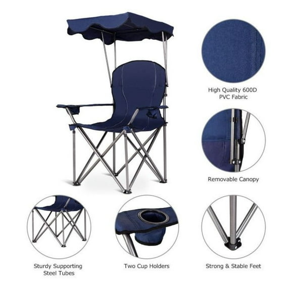 Folding Beach Chair with Canopy & Cup Holders - Portable Beach Chairs for Adults - 265lbs Capacity - Steel Frame, 600D PVC Fabric - Blue/Red - Outdoor Lounger for Picnic, Fishing, Camping