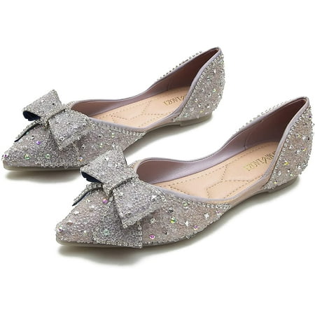 

Women s Rhinestone Flats Bow Sequins Wedding Shoes Comfort Pointed Toe Ballet Flat Shoe Low Heel Dress Shoes