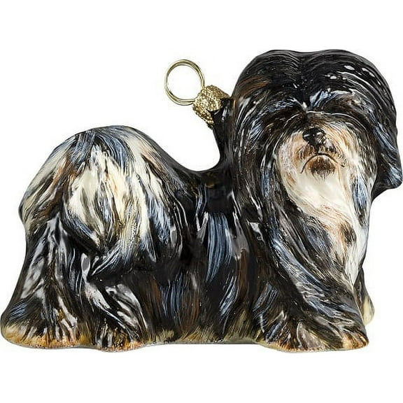 Black and White Lhasa Apso Dog Polish Blown Glass Christmas Ornament