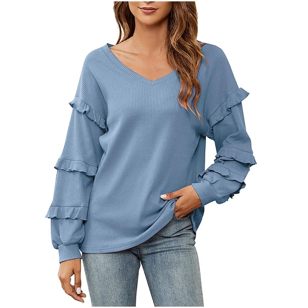 Blusa informal de manga larga con cuello en V y manga farol con volantes y manga larga para mujer Pompotops FGAJ5912