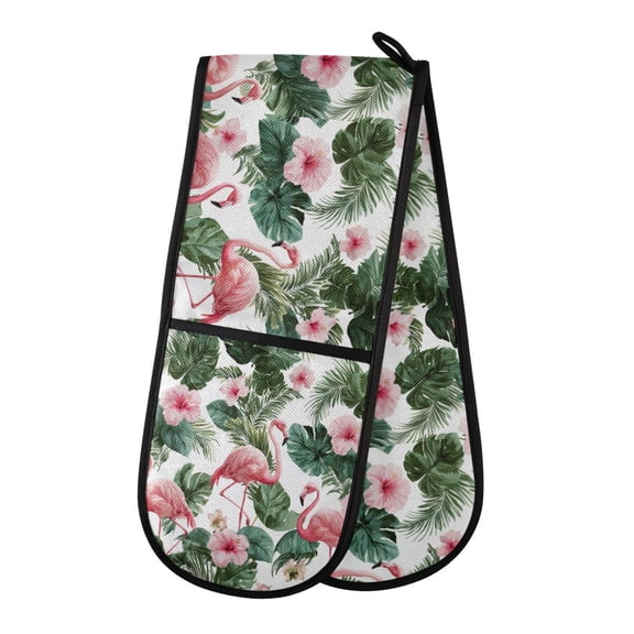 35" x7" Double Oven Mitt Heat Resistant Oven Gloves Withstands Up to 200°C for Kitchen Baking & BBQ Flamingo and Tropical Leaves