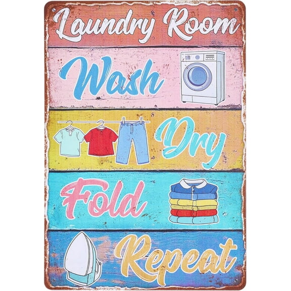 Iron 1 pc "Laundry Room Wash Dry Fold Repeat" Vintage Laundry Room Rules Metal Tin Sign 12x8in/30x20cm Art Plaque Poster Wall Decor for Laundry Room Bathroom Home Washroom