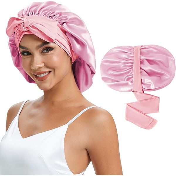 wonima11 Silk Satin Bonnet for Sleeping, Sleep Cap with Elastic Tie, Curly Hair Wrap Cap for Women, Silky Night Accessories (Color-1 Pink)