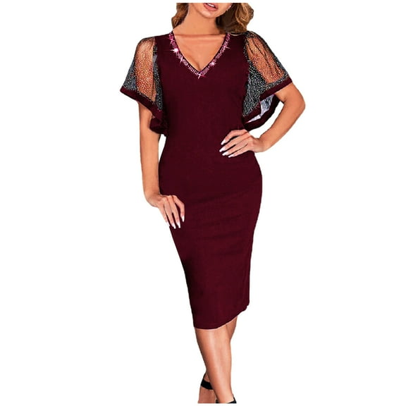 Womens Casual Solid Lace Short Sleeve Hot Drilling V Neck Party Dress Summer Boho Floral Formal Sundresses Wedding Guest Prom Bodycon Cocktail Dresses A68-30647