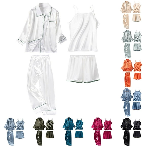 Women’s Pajamas Womens Satins Silk Nightwear Tank Tops Shorts Long Sleeve Shirt Lounge Pant 4 Piece Pajamas Sets Pj Sets Women’s Pajamas Gift Set for Women