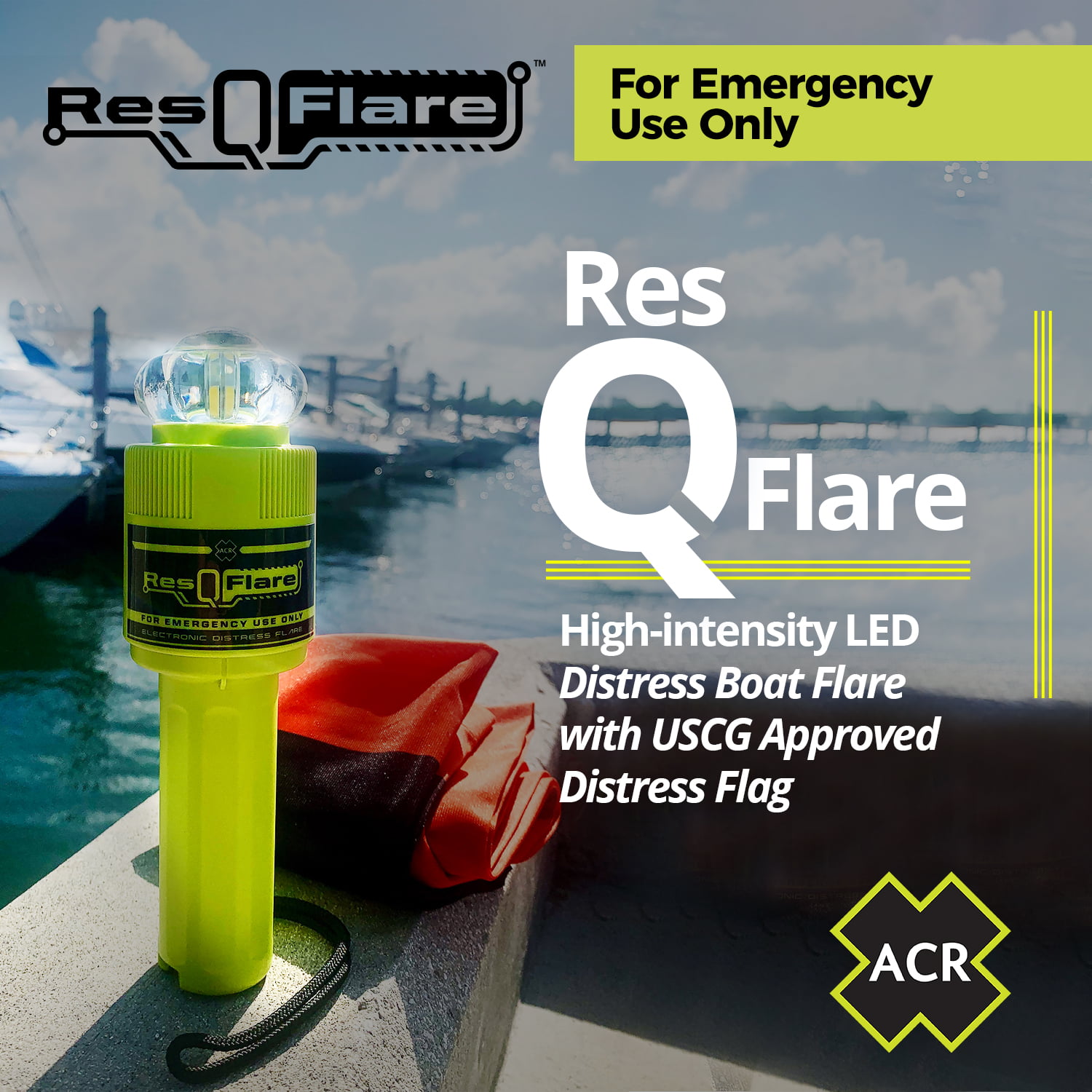 ACR ResQFlare Electronic USCG Approved Boat Flare & Distress Flag, 360°  Visibility Waterproof Flare, Non-Pyrotechnic Night Visual Distress Signal, 46 CFR 160.072 Compliant
