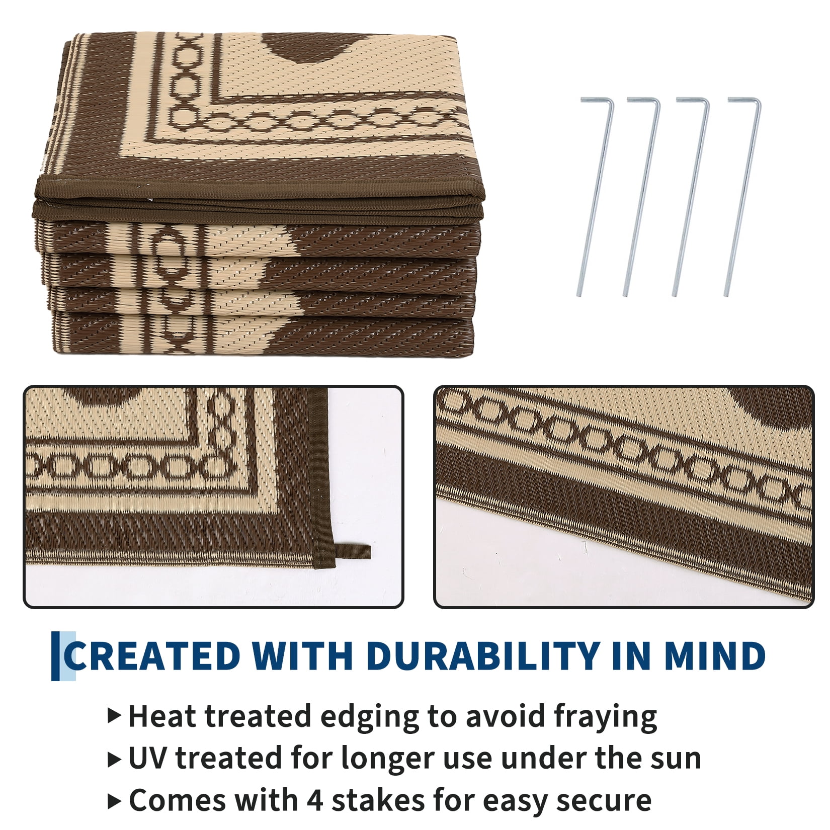 Garvee Outdoor Rug 8x10ft Modern Bordered Reversible Plastic Straw Rug, Waterproof RV Camping Rug Foldable Patio Rug for Deck Porch Balcony Backyard Picnic Beach, Brown