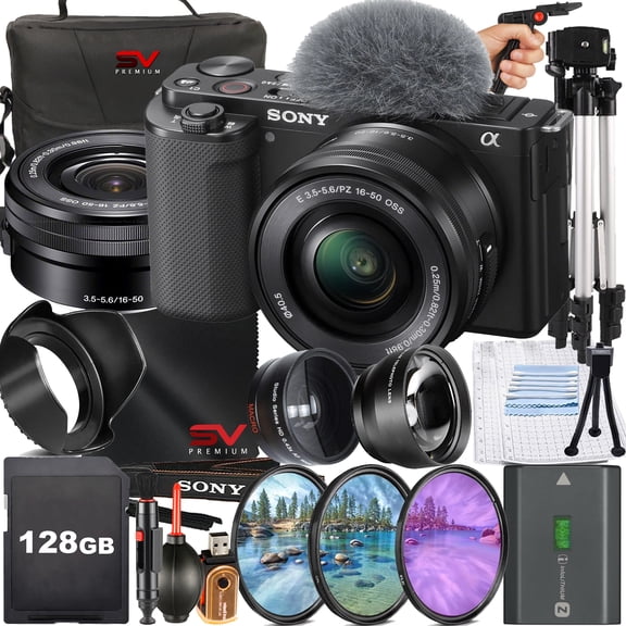 Sony ZV-E10 Mirrorless Camera with 16-50mm Lens   128GB Memory Card   Case   Filter Kit   SV Premium Accessory Bundle (International Version)