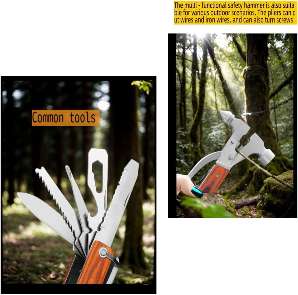 ABCISI Window Breaker, Multitool with 16-in-1 Survival Gear for Camping Hiking and DIY Jobs with Hammer, Plier, Pocket Knife, Bottle Opener, Wrench, Screwdriver