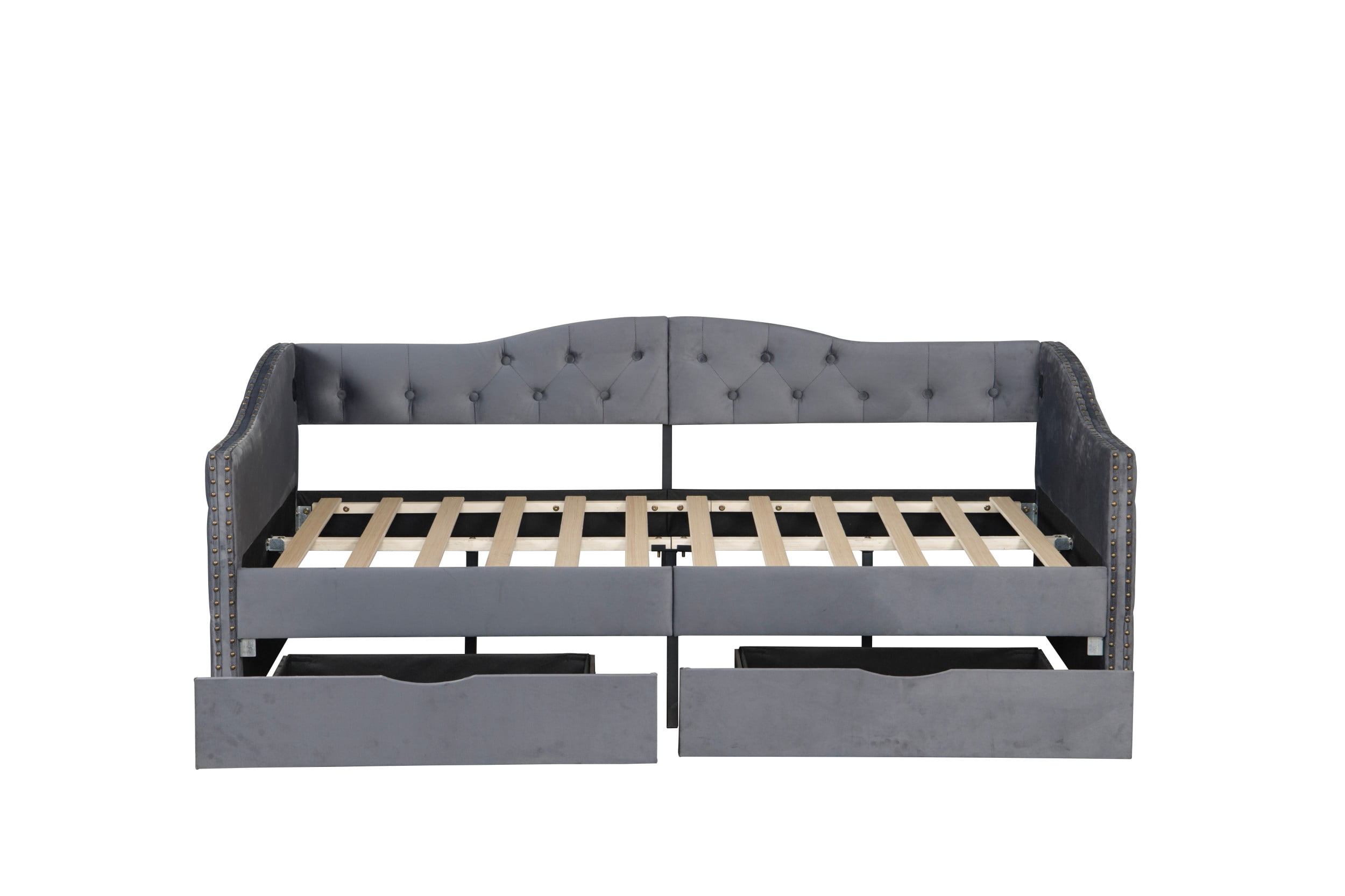 Aukfa Twin Size Upholstered Daybed with 2 Storage Drawers and Charging Station, Velvet Bed Frame with Button-Tufted & Nailhead Trim, Gray