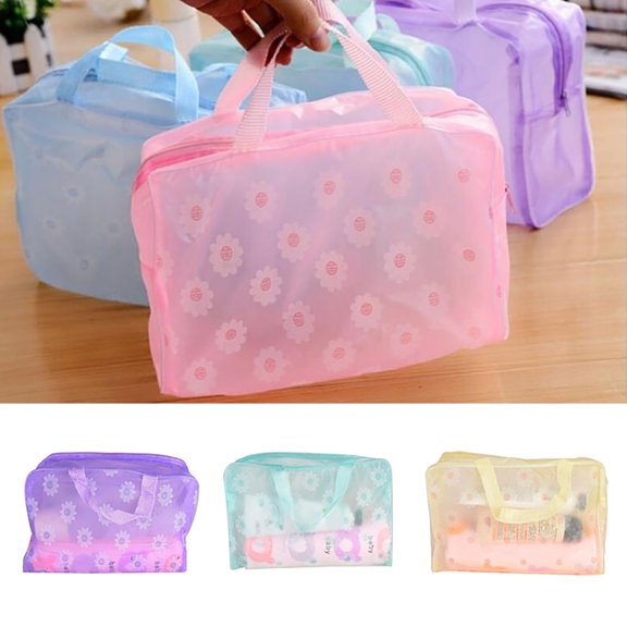 Walbest Portable Flower Print PVC Waterproof Travel Cosmetic Toiletry Storage Pouch Translucent Makeup Bag, 9" x 5.12" x 3.54"