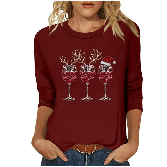 LiMoi Women's Round Neck Christmas Party Top Three Quarter Sleeve with Cheers Wine Glass Print Tees Tshirts Shirts Blouse My Items