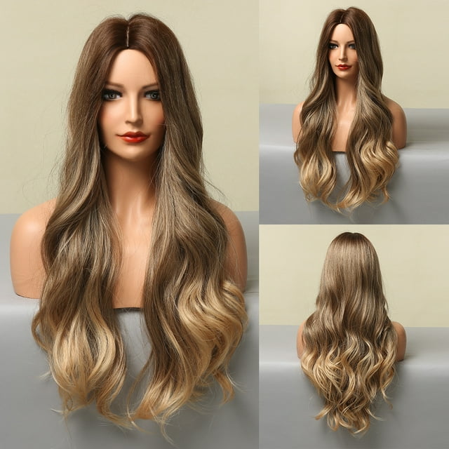 EASIHAIR Longues Perruques Synthétiques Ombrées Brunes pour Femmes Cheveux Naturels Perruques Ondulées Partie Intermédiaire Perruque Féminine Cosplay Perruques Résistantes à la Chaleur