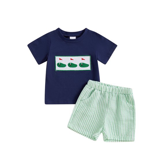 Baby Toddler Boys Summer Outfits 6 12 18 24 Months 2T 3T 4T Golf Embroidery Short Sleeves T-Shirt and Elastic Striped Shorts Set for 2 Piece Clothes Set
