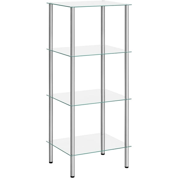 HOOBRO Glass Shelf, 4 Tier Bathroom Standing Shelf Unit, Tempered Glass Shelving Stand for Small Space, Perfume Stand Organizer, Space-Saving, for Bathroom, Bedroom, Steel Frame, Silver SV04CJ01