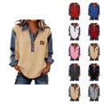 thumbnail image 1 of Womens Long Sleeve Tops 2026 Spring Fashionable Button V Neck Lapel Collared Denim Patchwork Casual Shirt Blouse Tops, 1 of 7