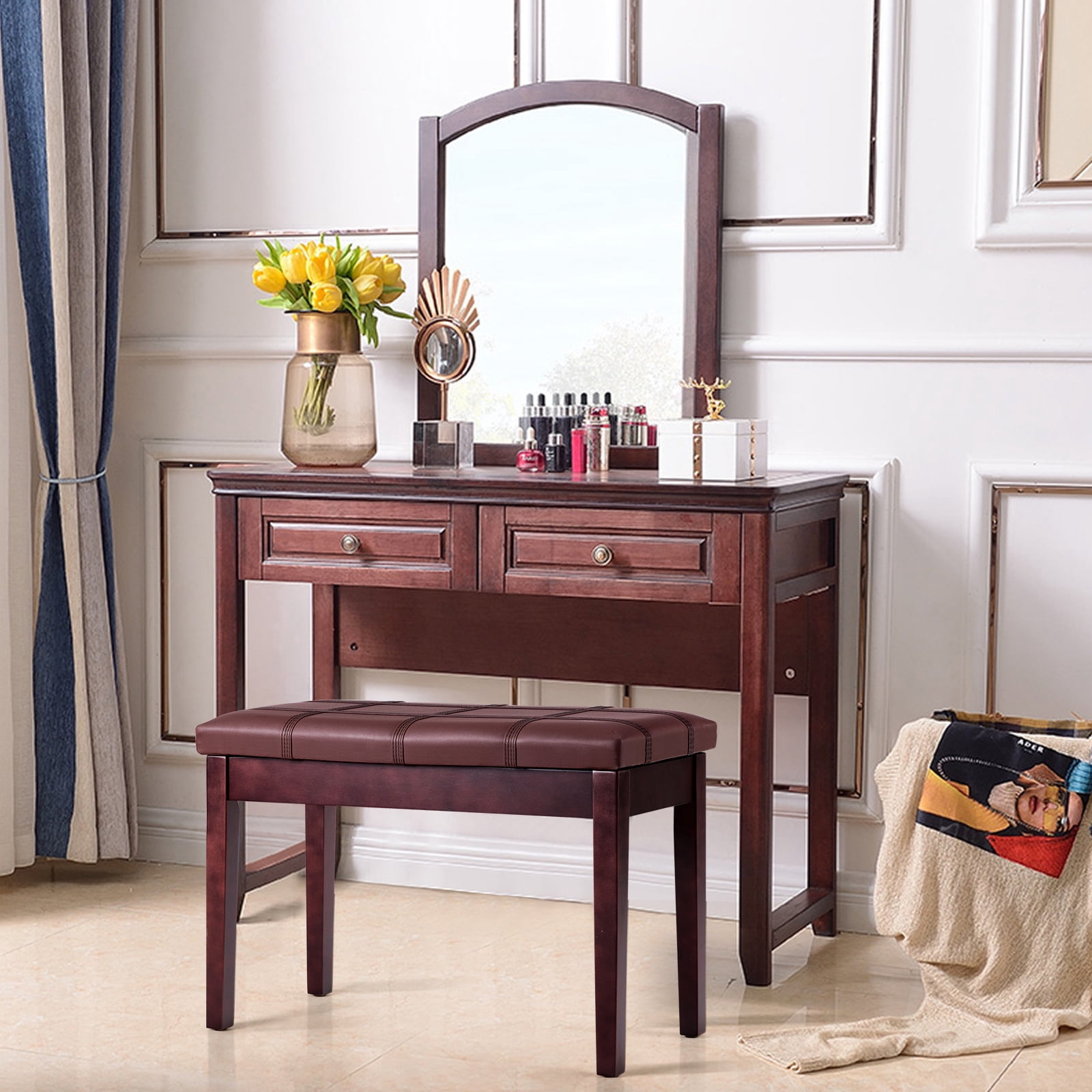 Infans Solid Wood PU Leather Piano Bench Padded Double Duet Keyboard Seat Storage Brown