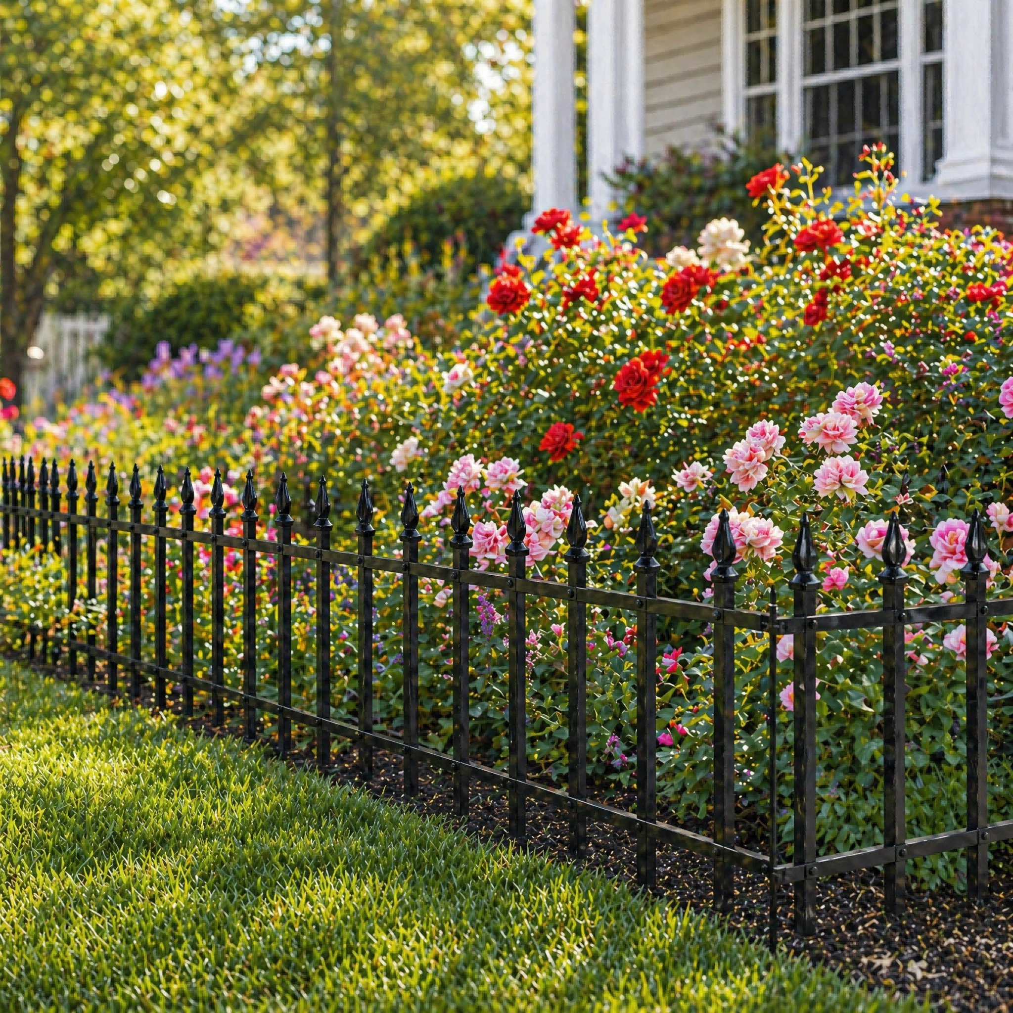Y&M Decorative Metal Garden Fence, Roman Column Border, 12 in x 9.6 ft, 7 Panels, Black