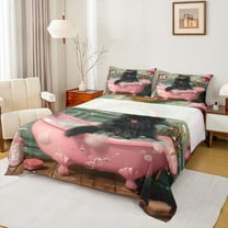 Feelyou Black Cat Kitten Queen Sheet Sets for Child, Vinatge Western Animal Flat Sheet, Cartoon Theme Queen Fitted Sheet, Lightweight Room Decor, 4 Pieces