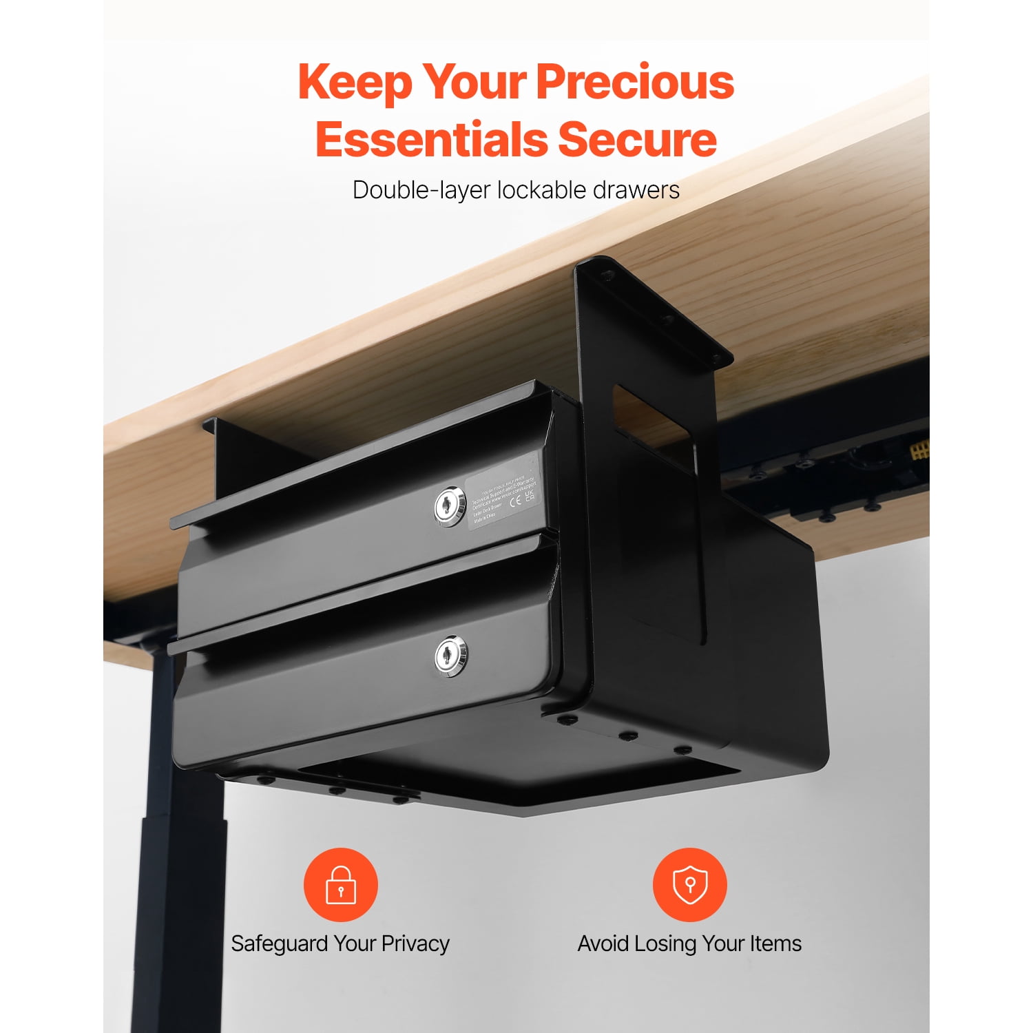 KFFKFF 13" Broad Beneath Desk Compartment, Pull-out Attachment Under Table, Concealed Dual Layer Desktop Organizer, Smooth-rolling Slides, Secure Undermount Stationery Holder for Adjustable Work Desk