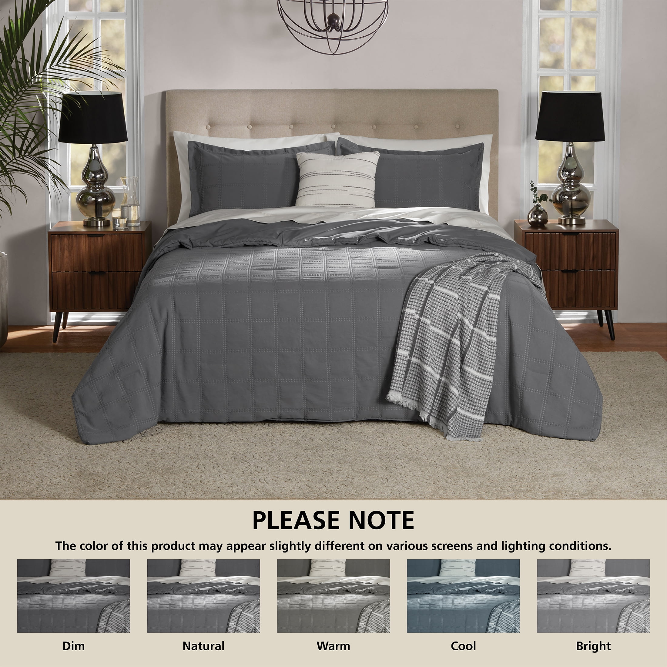 Mainstays Full/Queen Comforter Set, All-Season, 5-Piece, Grey Waffle Check