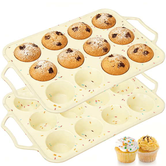 XUEYU 2 Pack Silicone Muffin Pans, 12 Cup Nonstick Trays with Metal Reinforced Frame for Baking, Regular Size Cupcake Molds for Homemade Muffins, Egg Bites - BPA Free & Dishwasher Safe