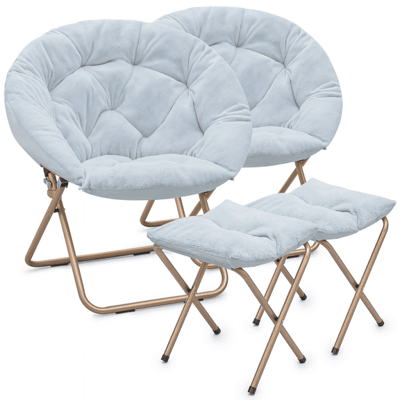 RTRWDC Set of 2 Blue Faux Fur Folding Saucer Chairs with Ottomans, 250lbs Capacity Metal Frame, No-Assembly Cozy Moon Chairs for Indoor Outdoor Use