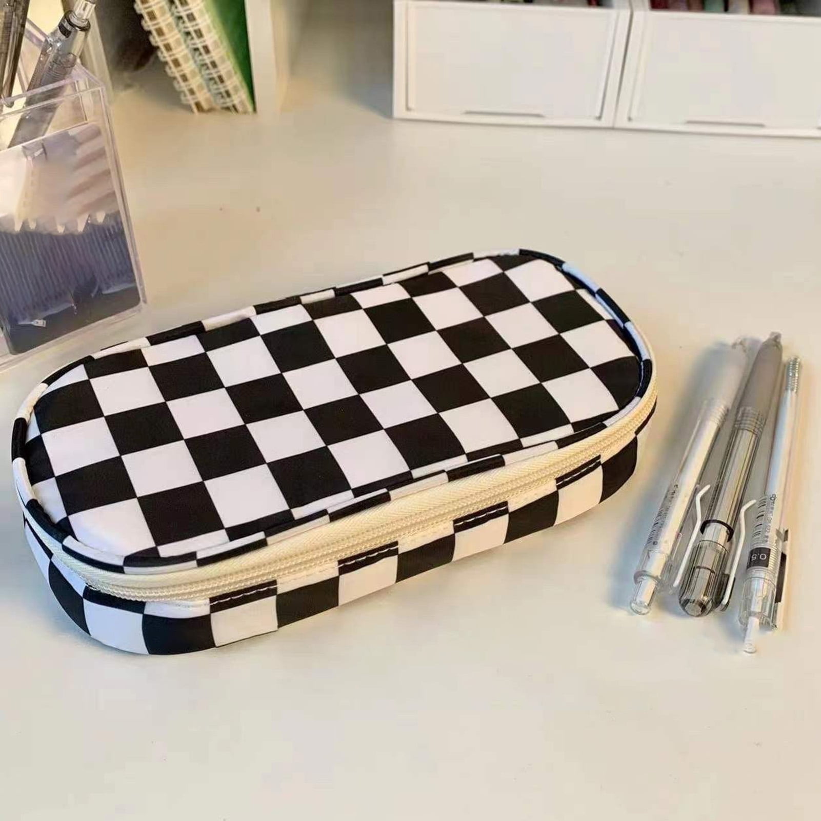 LA TALUS Pencil Pouch Soft Handle Checkerboard Pattern Nylon School  Students Pencil Storage Bag for Office Black White 