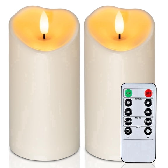 Homemory Flameless Pillar Candles Outdoor Waterproof Flickering LED, Battery Operated, Remote, Timer, Ivory Plastic, Set of 2, 6 Inch