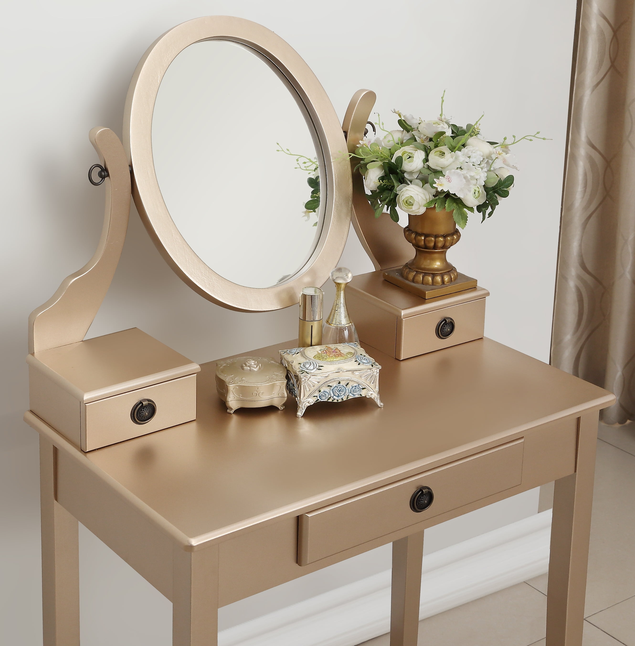 Roundhill Furniture Moniys 3 Piece, Modern Swivel Makeup Table Set, Gold