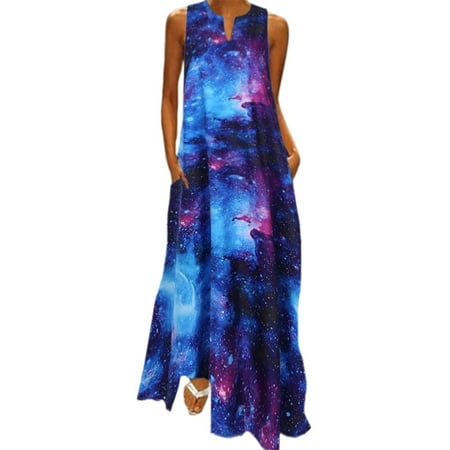 Womens 3D Galaxy Print Maxi Dress Sleeveless Beach Casual Sundress Plus ...