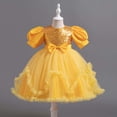 thumbnail image 7 of Wuxian Toddler Girls Bow Tutu Sequins Dress Short Puff Sleeve Round Neck High Waist Ruffles Tutu Dress Glitter Mesh Party Gown With Layered Dresses,Yellow,5-6 Years, 7 of 7