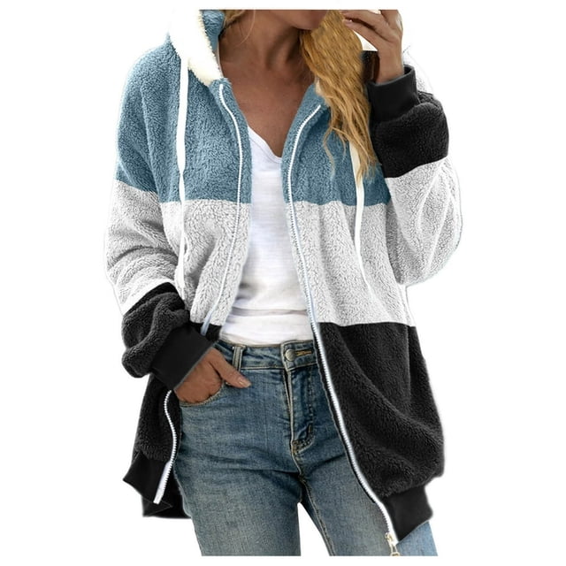 TQWQT Fleece Coats for Women Faux Fur Jacket Coat Fuzzy Fleece Jacket Plus Size Zip Up Drawstring Sweatshirt Oversized Light Blue S